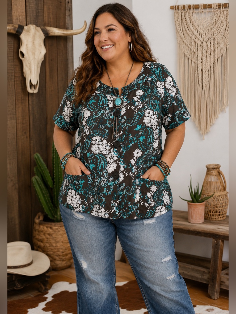 KIM ROGERS Paisley Brown Button Up Top EUC - Picture 1 of 7